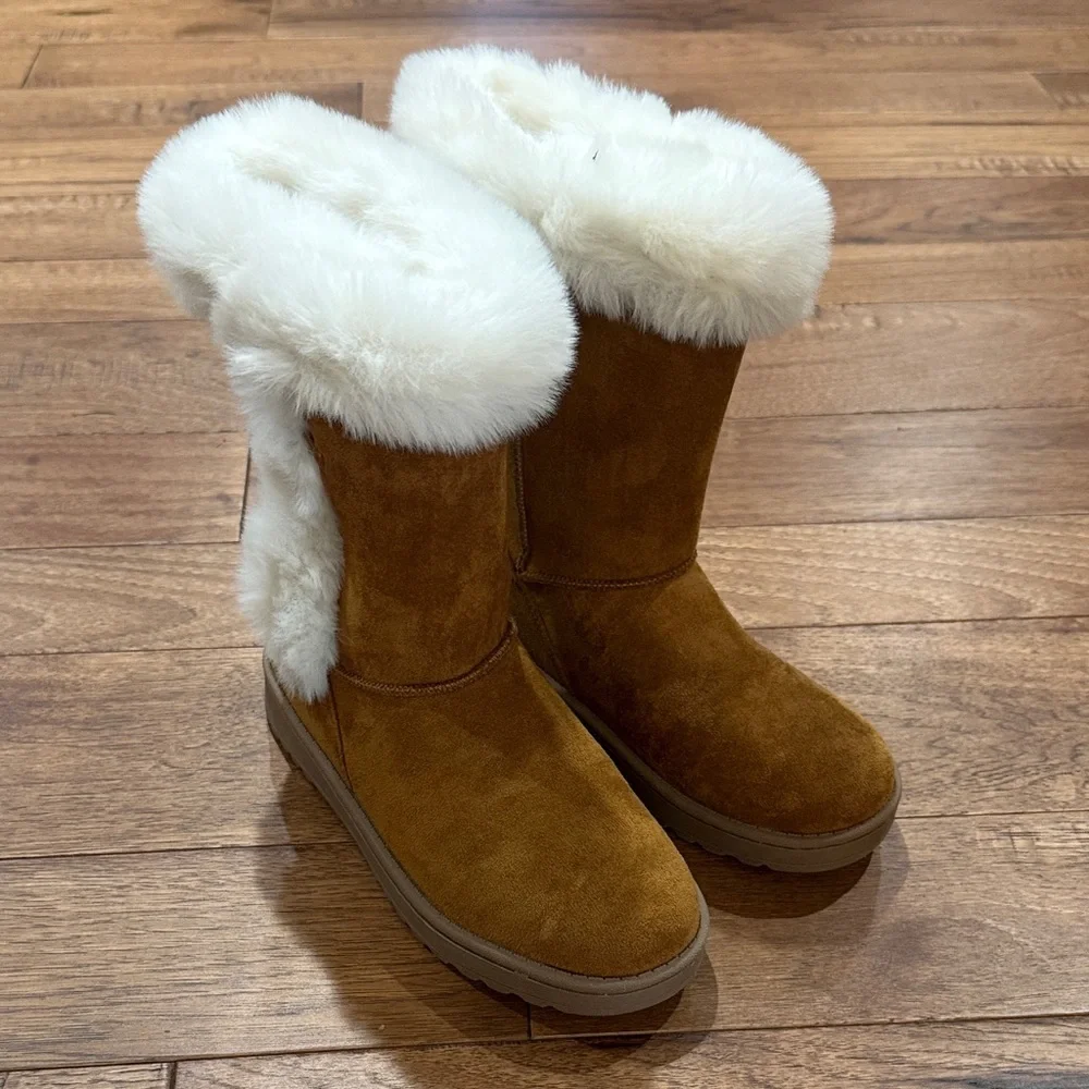 SO Girls Sophia Chestnut Easy On Off Faux Fur Suede Boots - Size 4